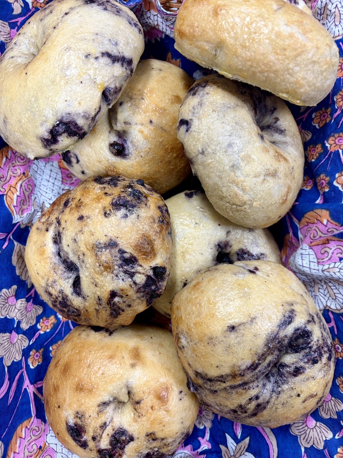 A basket of blueberry bagels