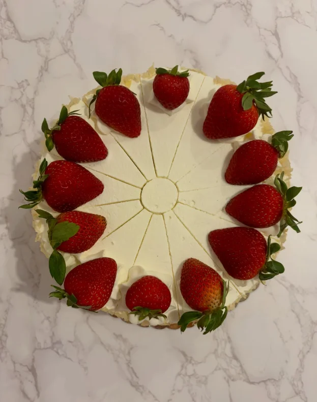 Strawberry cream cake from above